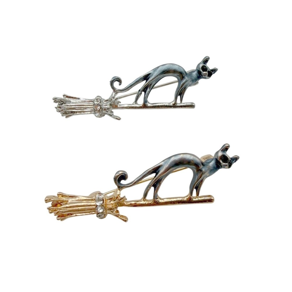 Black Cat Broom Brooch Pin Lot 2 Gold Silver Rhinestone Halloween Witchy NEW